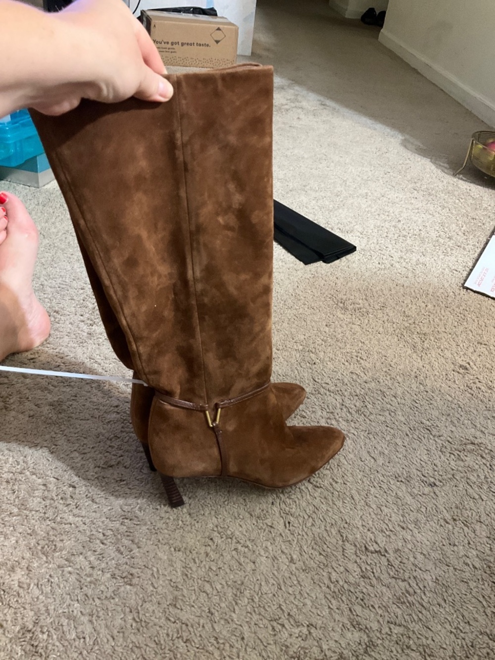 Veronica Beard Kenzie Suede Knee-High Boots in the shade Cedar. - Picture 4 of 10